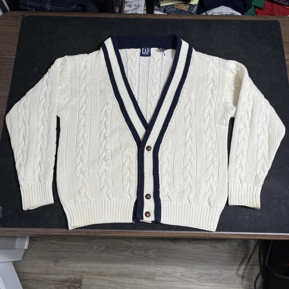 Gap Cardigan Sweater Large White Cable Knit V Neck Preppy Navy Teddy Tennis